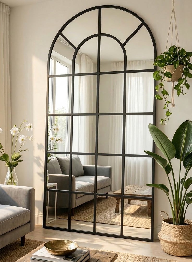 M-Smart Elegant Design Extra Large Mirror 180x80cm - Black Metal Frame With Window Design Divided by Black Lines,  Modern Arched Window Design Decorative Mirror for Living Room, Bedroom and Home Entryway - Image 2