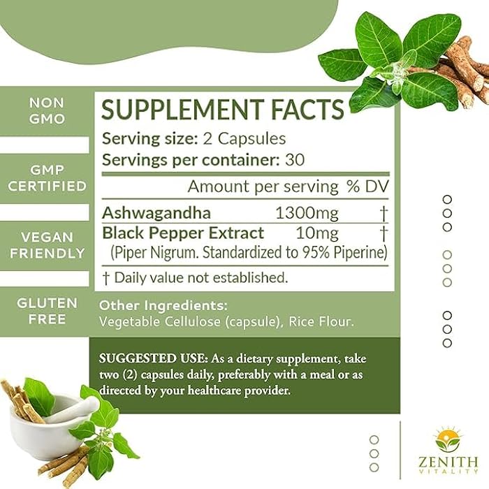 Zenith Vitality Ashwagandha 1300mg Capsules – Stress Relief & Cortisol Support, Immune & Energy Boost, Mental Clarity, Herbal Adaptogen Supplement – 60 Count - Image 2