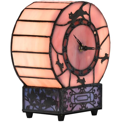 Bieye L10911 Cat and Mouse Tiffany Style Stained Glass Desk Clock Table Lamp for Home Decor (Pink) - Image 1
