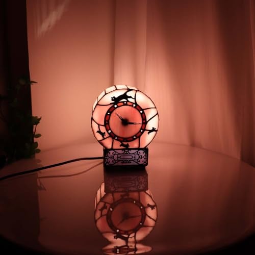 Bieye L10911 Cat and Mouse Tiffany Style Stained Glass Desk Clock Table Lamp for Home Decor (Pink) - Image 2