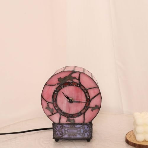 Bieye L10911 Cat and Mouse Tiffany Style Stained Glass Desk Clock Table Lamp for Home Decor (Pink) - Image 5
