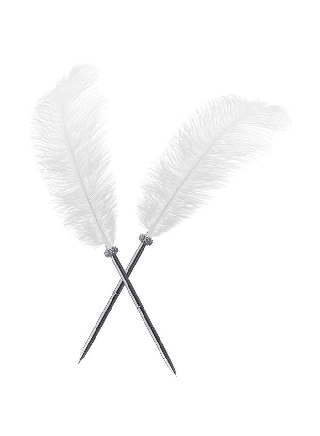 Simple Polymer 2 Pcs Feather Pen - Black Ink Ballpoint Pen Vintage Feather Quill Signing Pen for Student School Writing or Wedding Signature (White) - Image 1