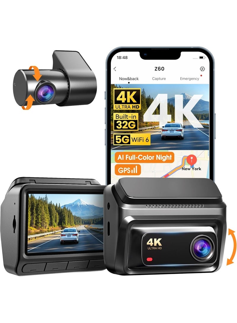 DDPAI 4K Dash Cam for Cars Front and Rear, 2160P+1080P Dashcam, 5GHz WiFi6 Car Dash Camera, 3" IPS with 32G eMMC GPS Night Vision 24H Parking Monitor ADAS G-Sensor Max Support 512G, Z60 - Image 1