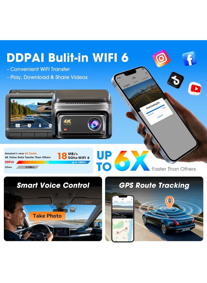 DDPAI 4K Dash Cam for Cars Front and Rear, 2160P+1080P Dashcam, 5GHz WiFi6 Car Dash Camera, 3" IPS with 32G eMMC GPS Night Vision 24H Parking Monitor ADAS G-Sensor Max Support 512G, Z60 - Image 4