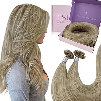 Fshine Keratin Bonding Hair Extensions Real Human Light Blonde with Golden Blonde Remy Straight Pre Bonded Fusion Hair Extensions 22Inch 50g50s - Image 1
