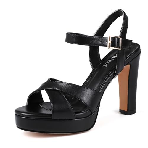 Abbleet Platform High Heels for Women Strappy Chunky Heels Sandals for Women Open Toe Block Heeled Sandals with Ankle Strap Summer Dress Shoes(Black,9.5) - Image 1