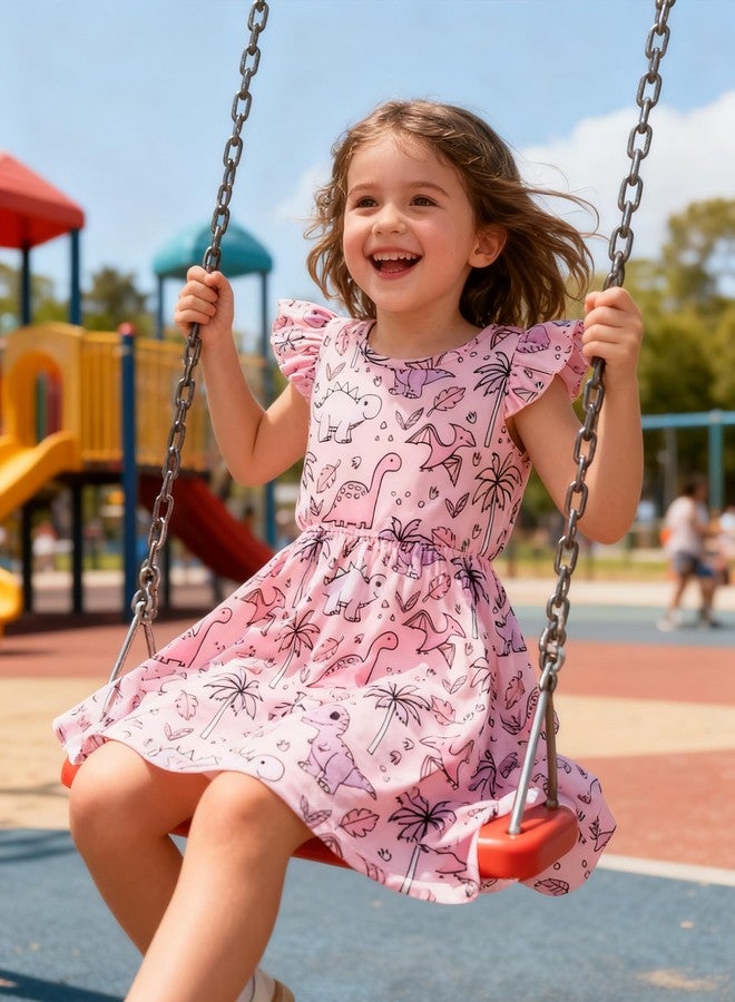 RAISEVERN Toddler Dresses Girls 3t Dinosaur Dress Summer Flutter Sleeve School Outfit Ruffle Swing Birthday Party - Image 4