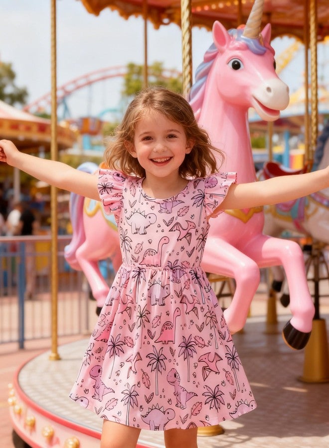 RAISEVERN Toddler Dresses Girls 3t Dinosaur Dress Summer Flutter Sleeve School Outfit Ruffle Swing Birthday Party - Image 5