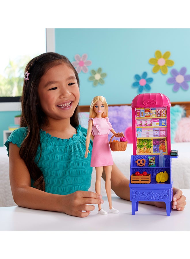 باربي دمية تيريزا وباربي وصفة الصداقة مع مجموعة ألعاب، ثيم ماليبو في السوق مع 11 إكسسوار بما في ذلك كشك السوق والطعام - Image 2