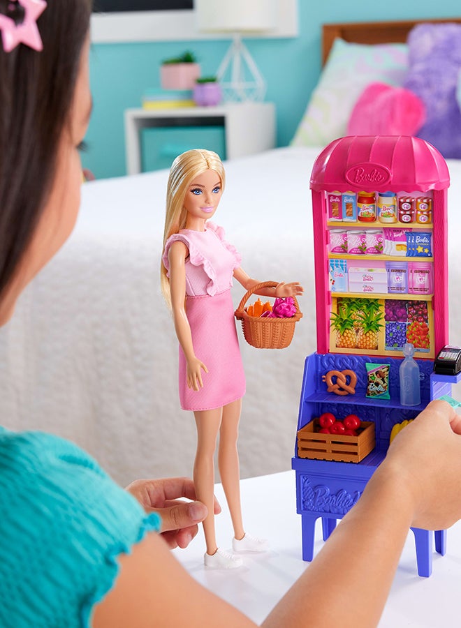 باربي دمية تيريزا وباربي وصفة الصداقة مع مجموعة ألعاب، ثيم ماليبو في السوق مع 11 إكسسوار بما في ذلك كشك السوق والطعام - Image 3