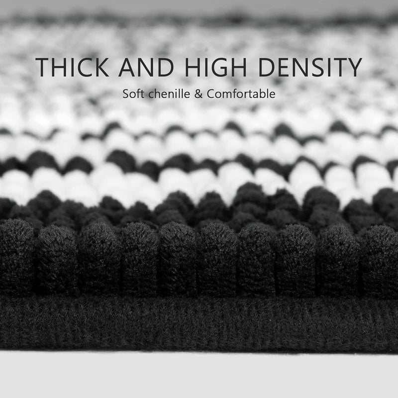 Tindbea Bathroom Rugs Set 2 Piece, Extra Soft and Absorbent Fluffy Striped Chenille Bath Mat Rug Set, Non Slip Bathroom Floor Mat, Machine Washable (20" x 32" Plus 16" x 24", Black) - Image 2