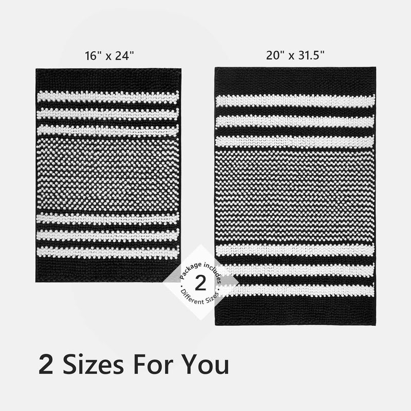 Tindbea Bathroom Rugs Set 2 Piece, Extra Soft and Absorbent Fluffy Striped Chenille Bath Mat Rug Set, Non Slip Bathroom Floor Mat, Machine Washable (20" x 32" Plus 16" x 24", Black) - Image 5
