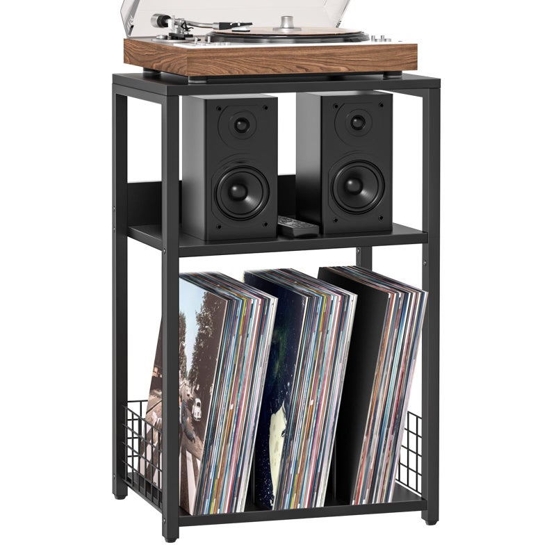 LELELINKY Large Black Record Player Stand, 3 Tier 18" Wide Big End Table with Vinyl Storage Up to 130 Albums, Industrial Turntable Printer Tables, Modern Side Tables for Living Room, Bedroom, Office - Image 1