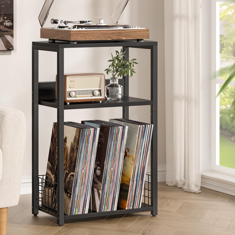 LELELINKY Large Black Record Player Stand, 3 Tier 18" Wide Big End Table with Vinyl Storage Up to 130 Albums, Industrial Turntable Printer Tables, Modern Side Tables for Living Room, Bedroom, Office - Image 3