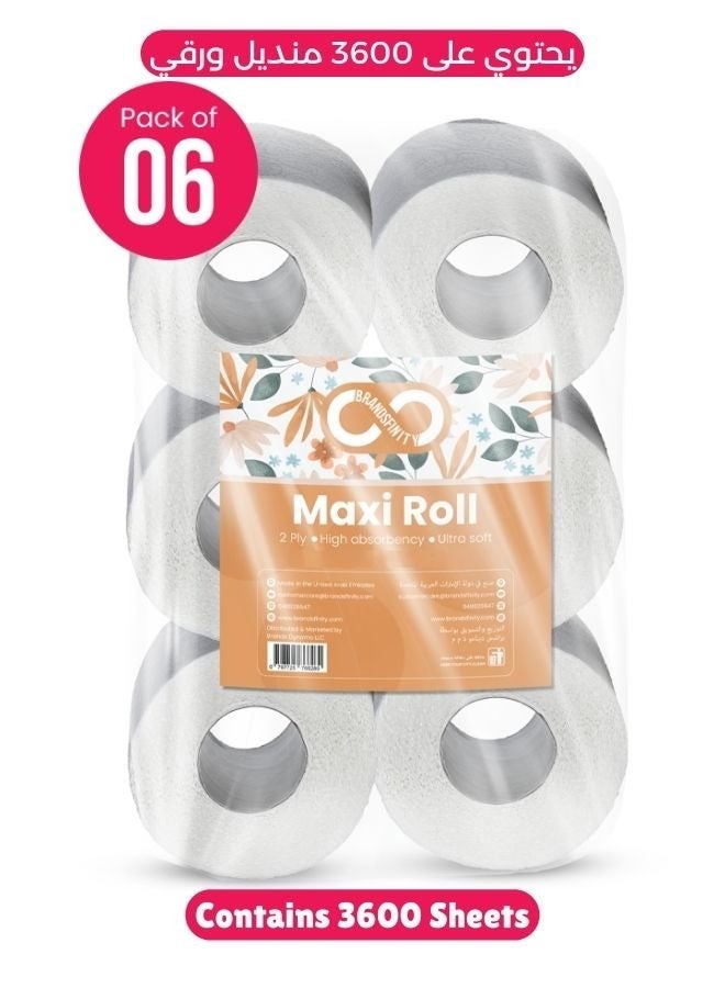 براندسفينتي براندفينيتي – منشفة مناديل ورقية 500 جرام ماكسي رول تحتوي على 6 عبوات 600 ورقة منقوشة بالماس امتصاص أعلى ومناديل فائقة النعومة 3600 ورقة - Image 2