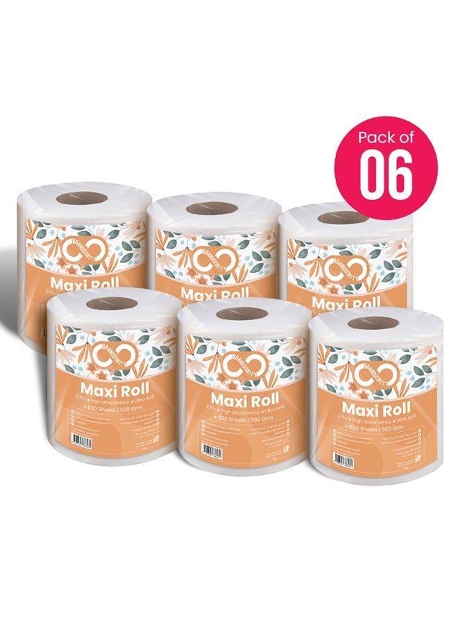 براندسفينتي براندفينيتي – منشفة مناديل ورقية 500 جرام ماكسي رول تحتوي على 6 عبوات 600 ورقة منقوشة بالماس امتصاص أعلى ومناديل فائقة النعومة 3600 ورقة - Image 1