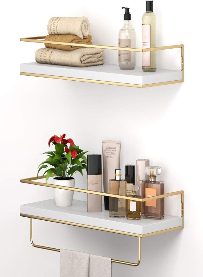 Shario White Floating Shelves - Set of 2, Wall Mounted Hanging Shelves with Golden Towel Rack, Decorative Storage Shelves for Bathroom, Kitchen, Living Room & Bedroom (White Gold, 15.7 Inches) - Image 1