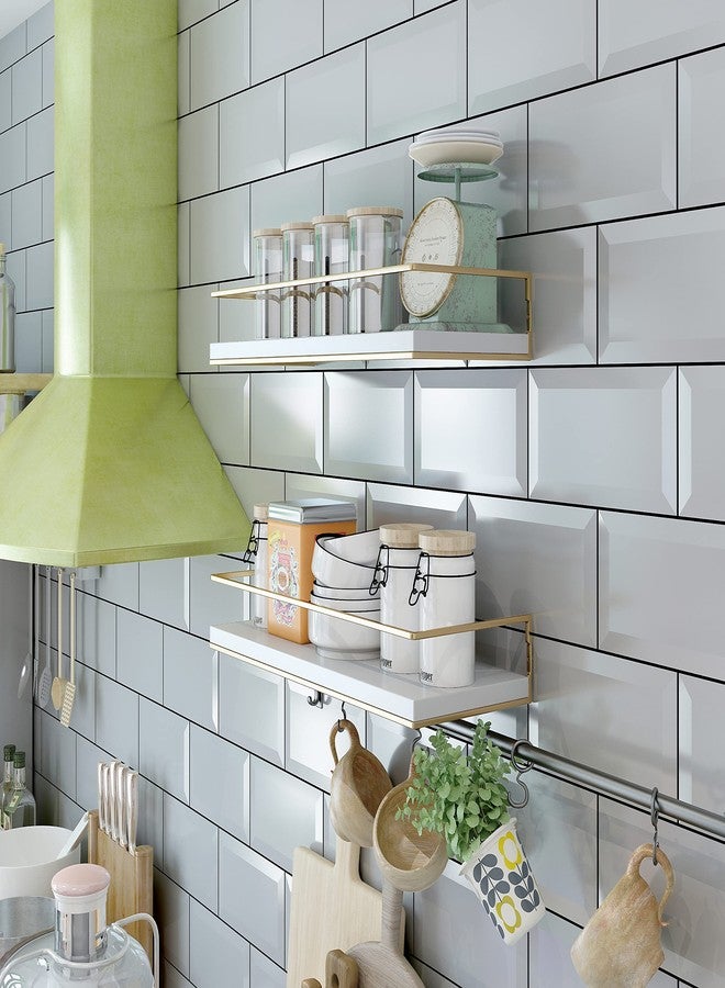 Shario White Floating Shelves - Set of 2, Wall Mounted Hanging Shelves with Golden Towel Rack, Decorative Storage Shelves for Bathroom, Kitchen, Living Room & Bedroom (White Gold, 15.7 Inches) - Image 3