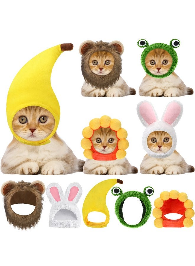 Weewooday 5 Pcs Cat Hat Adorable Costume Bunny Hat with Ears Funny Mane Hat for Cats and Small Dogs Kitten Puppy Party Costume Accessory Headwear (Lion, Frog, Rabbit, Sunflower, Banana) - Image 1