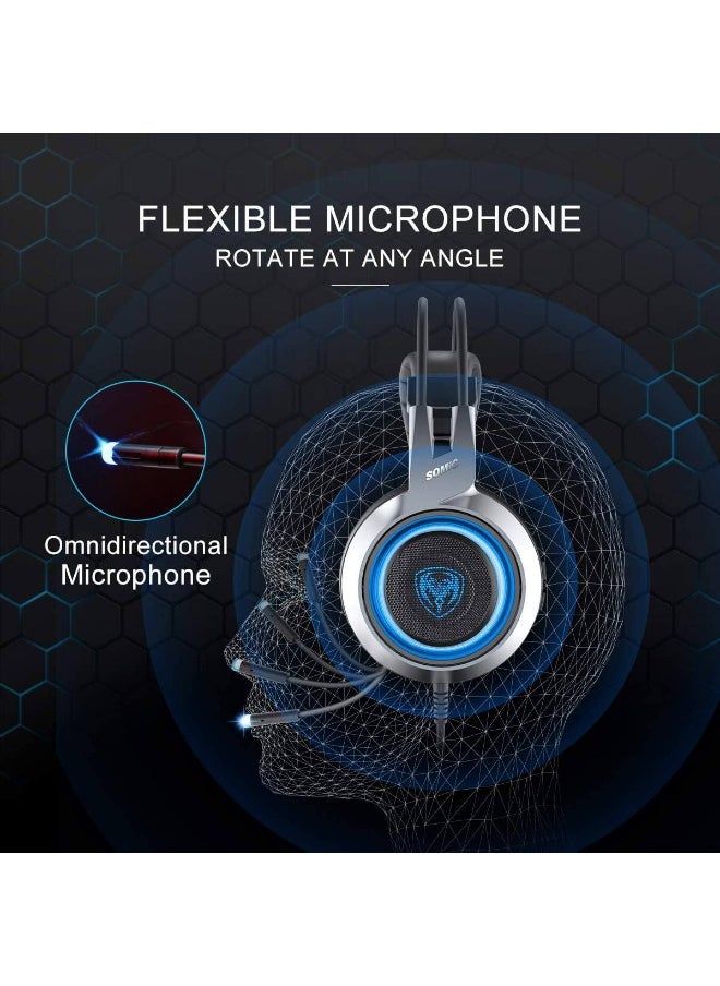 Somic - G951 Virtual 7.1 Surround Sound Gaming Headset is a popular choice among gamers, who demand an immersive, vibrating virtual 7.1 surround sound experience and an attractive appearance with LED lighting. This headset features adjustable ear cups and a dual headband for extended gaming. It also features a microphone for clear voice communication. The headset uses a USB connection. - Image 1