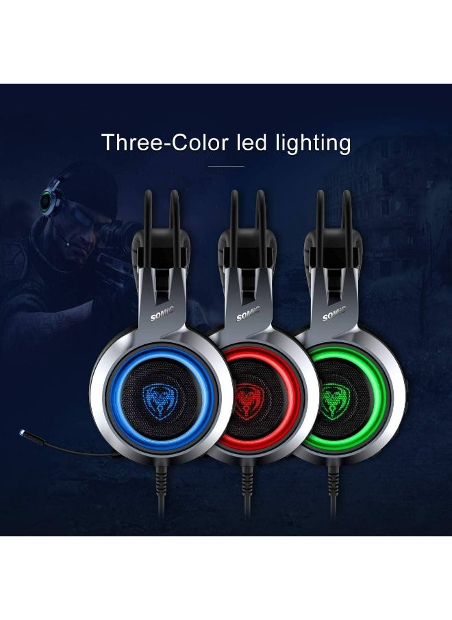 Somic - G951 Virtual 7.1 Surround Sound Gaming Headset is a popular choice among gamers, who demand an immersive, vibrating virtual 7.1 surround sound experience and an attractive appearance with LED lighting. This headset features adjustable ear cups and a dual headband for extended gaming. It also features a microphone for clear voice communication. The headset uses a USB connection. - Image 1
