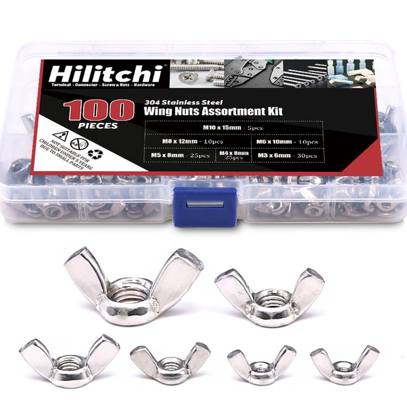 Hilitchi 100Pcs M3 M4 M5 M6 M8 M10 Wingnut Butterfly Wing Nuts Assortment Kit 304 Stainless Steel