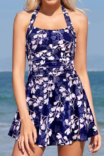 SHEKINI Women's Halter One Piece Skirt Swimsuits Ruched Swimdress Tummy Control Bathing Suit (Deep Blue Print, Small) - Image 5