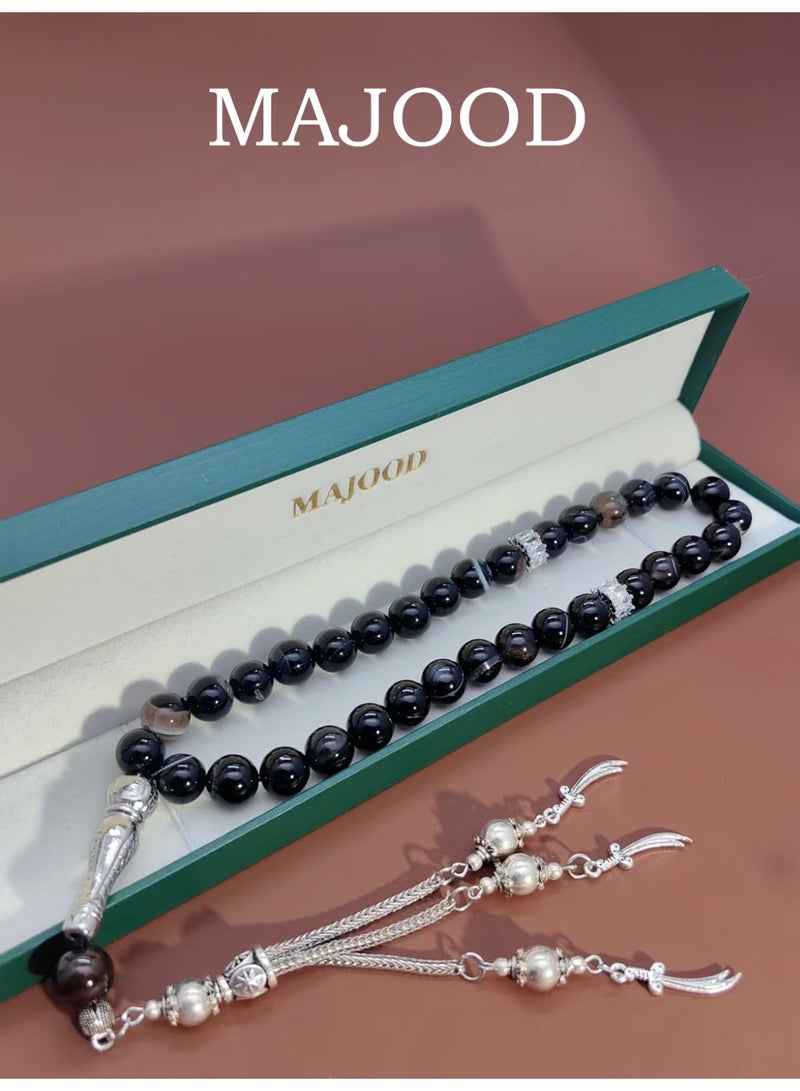 MAJOOD/33 Real White Line Black Agate Prayer Beads/Tasbih/10MM/For Men And Women - Image 1