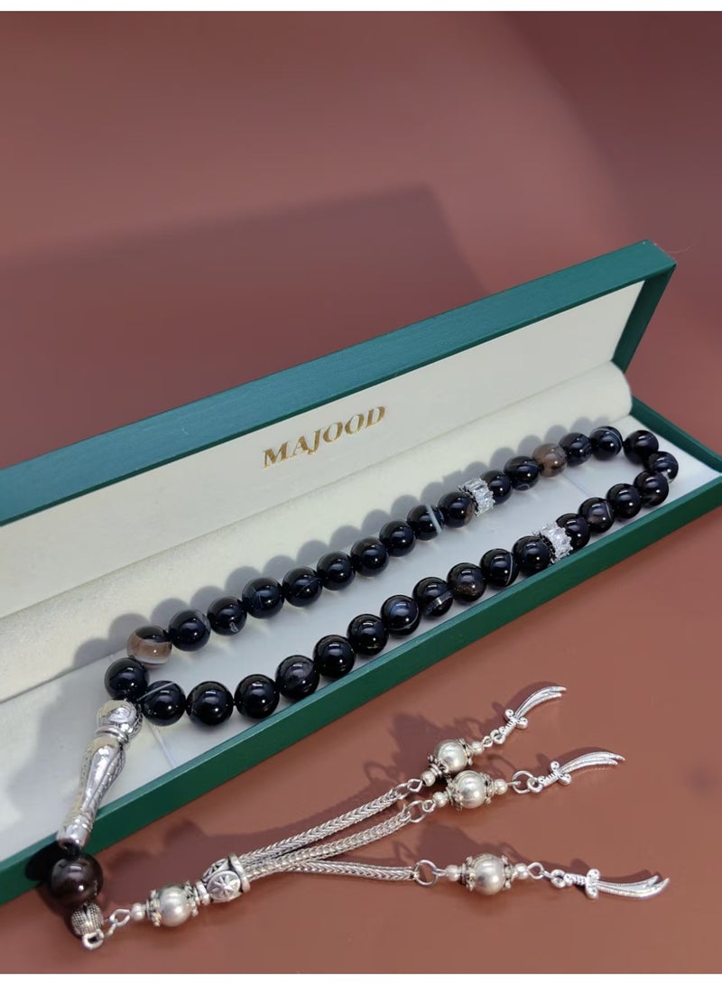MAJOOD/33 Real White Line Black Agate Prayer Beads/Tasbih/10MM/For Men And Women - Image 5