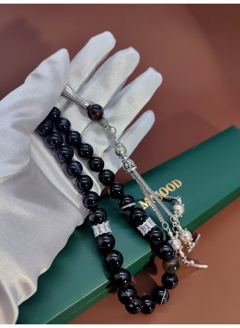 MAJOOD/33 Real White Line Black Agate Prayer Beads/Tasbih/10MM/For Men And Women - Image 3