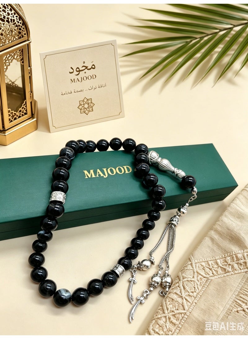 موجود MAJOOD/33 مسبحة من العقيق الأسود مع خط أبيض حقيقي/10 مم/للرجال والنساء - Image 5