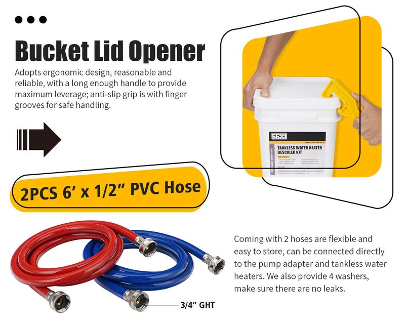 6699 Tankless Water Heater Flushing Kit Includes 1/4HP Submersible Utility Pump with Two Plastic Adapters & 3 Gallons Pail with Bucket Lid Opener & Two 1/2” X 6’ PVC Hoses with Washers Easy to Clean - Image 5