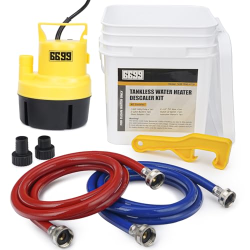 6699 Tankless Water Heater Flushing Kit Includes 1/4HP Submersible Utility Pump with Two Plastic Adapters & 3 Gallons Pail with Bucket Lid Opener & Two 1/2” X 6’ PVC Hoses with Washers Easy to Clean - Image 1