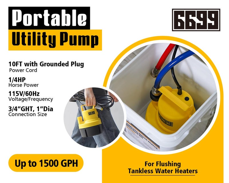 6699 Tankless Water Heater Flushing Kit Includes 1/4HP Submersible Utility Pump with Two Plastic Adapters & 3 Gallons Pail with Bucket Lid Opener & Two 1/2” X 6’ PVC Hoses with Washers Easy to Clean - Image 3
