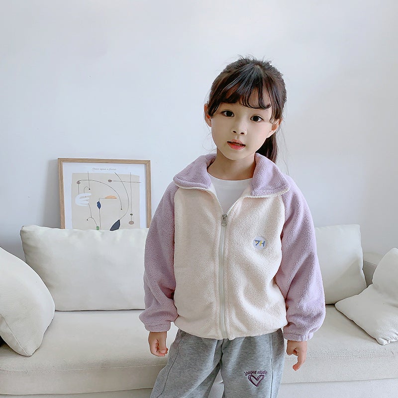 Children'S Fleece Jacket For , Puff Velvet Color-Blocked Zipper Top For Boys And Girls, Stand-Up Collar Cardigan, Casual - Image 5