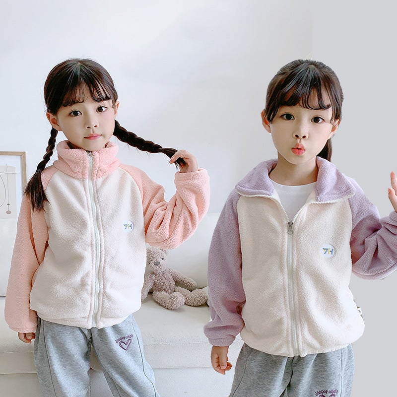 Children'S Fleece Jacket For , Puff Velvet Color-Blocked Zipper Top For Boys And Girls, Stand-Up Collar Cardigan, Casual - Image 3