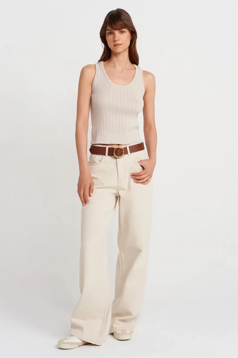 Dilvin Oatmeal Natural DILVIN Ribbed Sleeveless Slim-fit Blouse for Women | Best Price UAE
