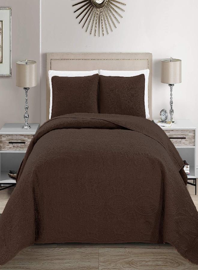 MK Home مجموعة MK غطاء سرير مزخرف صلب حجم كبير (بني داكن/قهوة، كينغ/كاليفورنيا كينغ) - Image 2