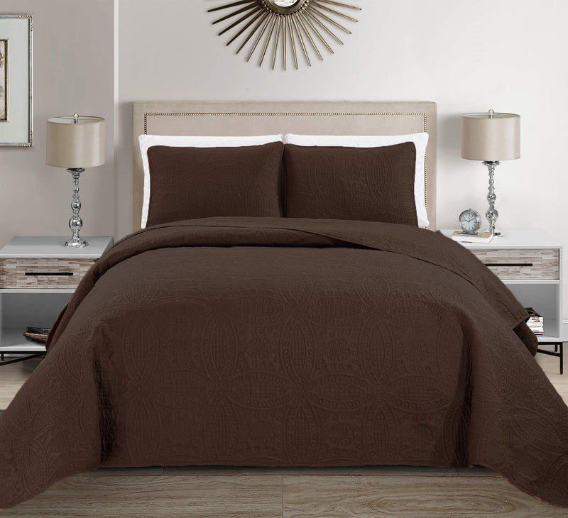 MK Home مجموعة MK غطاء سرير مزخرف صلب حجم كبير (بني داكن/قهوة، كينغ/كاليفورنيا كينغ) - Image 1