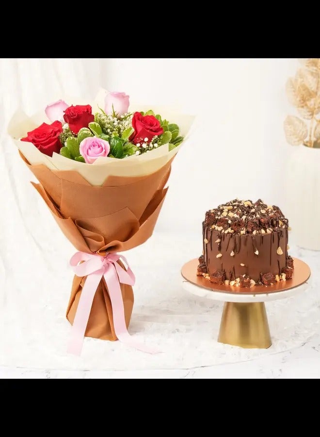 Ferns N Petals Sweet Harmony 6 Rose Bouquets and Chocolate Cake - Image 1
