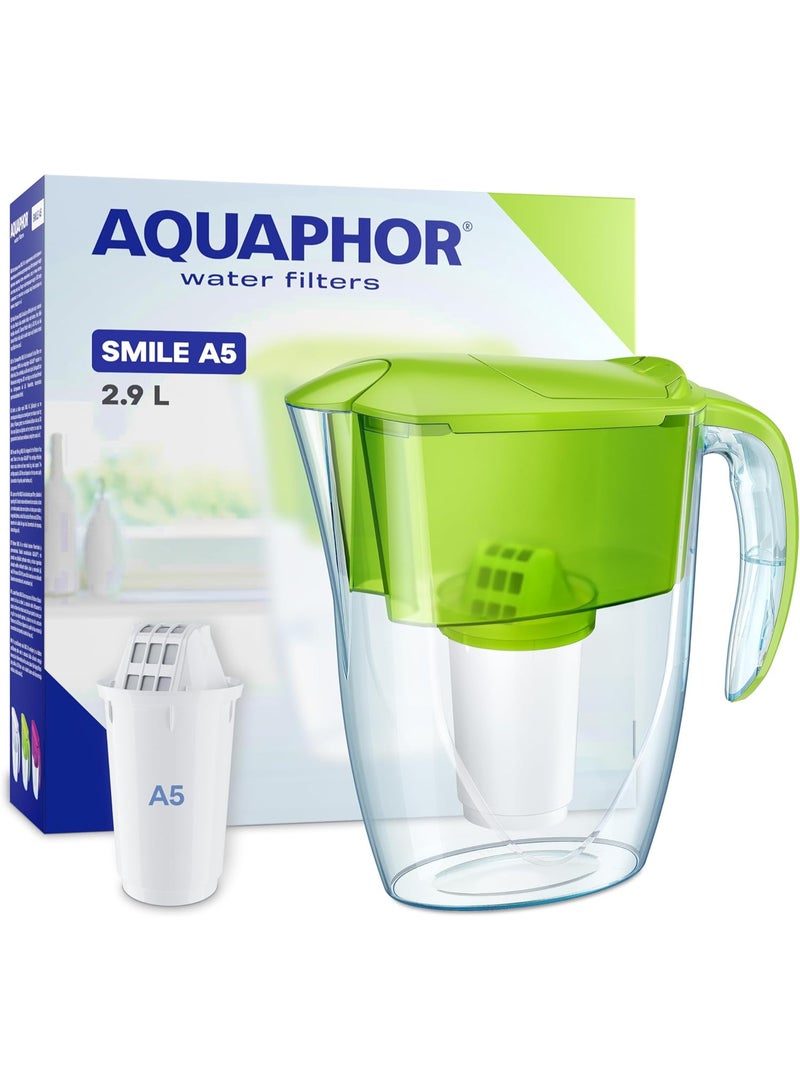 Aquaphor Water Filter Jug Smile, Space-saving, Lightweight Fridge door fit 2.9L Capacity 1 X A5 350L Filter Included Reduces Limescale Chlorine & Microplastics (Green) - Image 1