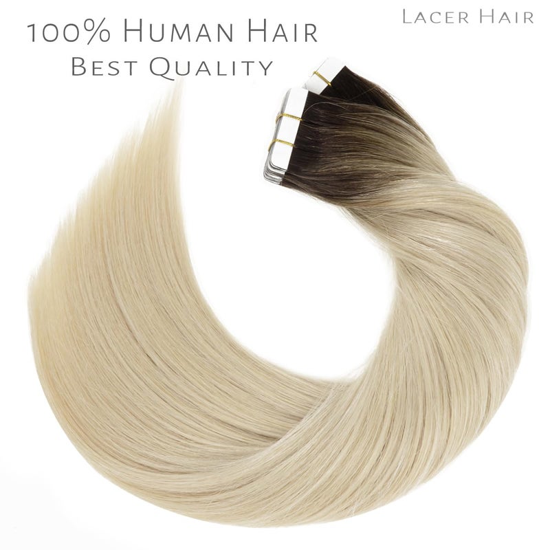 Lacer Tape in Hair Extensions Real Human Hair - Natural Rooted Darker Brown to Platinum Blonde Hair Extensions Tape ins - Double Side Seamless PU Skin Weft - 50g, 20pcs/set, 16 Inch - Image 5