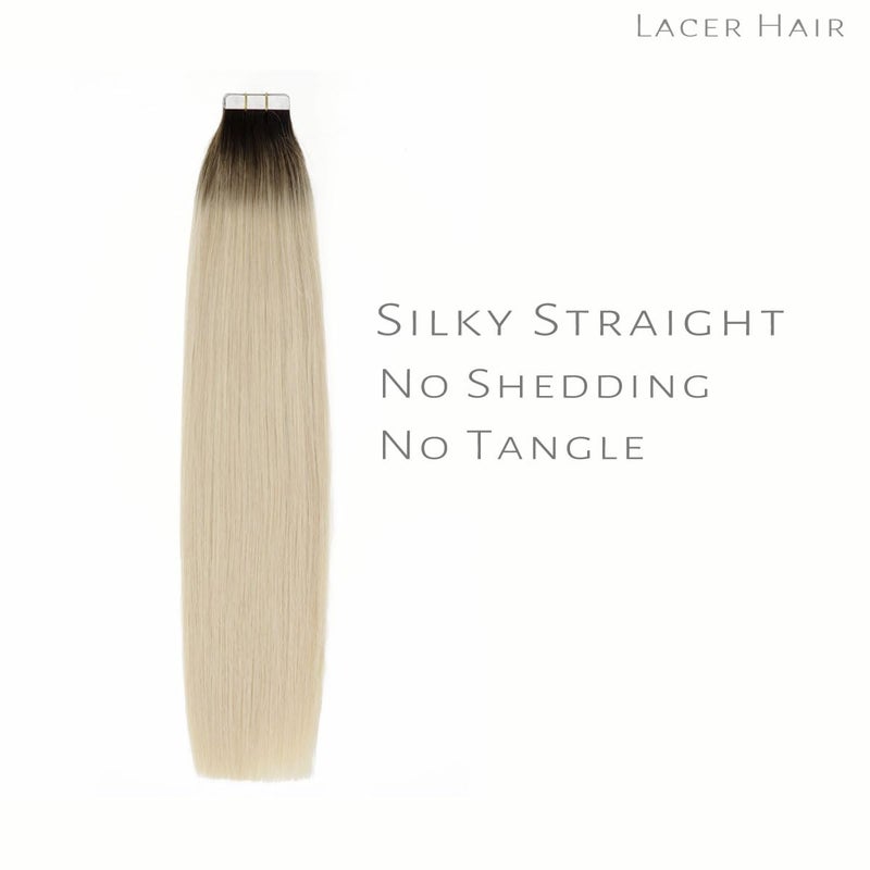 Lacer Tape in Hair Extensions Real Human Hair - Natural Rooted Darker Brown to Platinum Blonde Hair Extensions Tape ins - Double Side Seamless PU Skin Weft - 50g, 20pcs/set, 16 Inch - Image 2