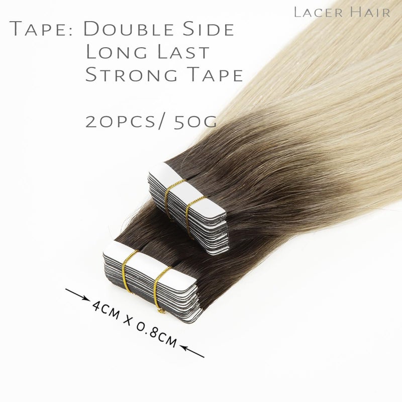 Lacer Tape in Hair Extensions Real Human Hair - Natural Rooted Darker Brown to Platinum Blonde Hair Extensions Tape ins - Double Side Seamless PU Skin Weft - 50g, 20pcs/set, 16 Inch - Image 3