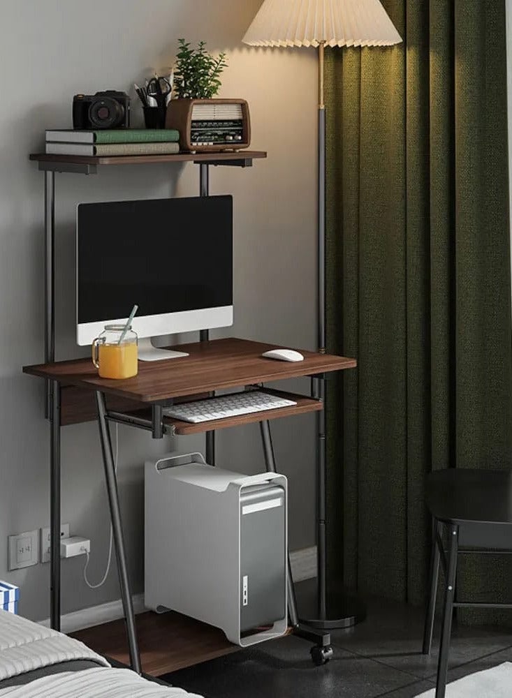 SHEE ONE Compact Brown Computer Desk with Keyboard Tray & Wheels | Small-Space Workstation with Top Shelf & Bottom Storage | Ideal for Home Offices, Bedrooms & Study Areas – Size: 126×55×60 cm - Image 2