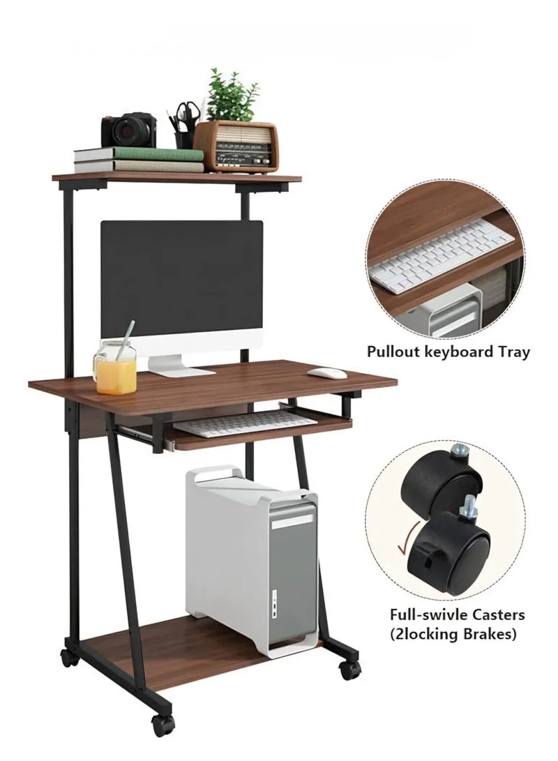 SHEE ONE Compact Brown Computer Desk with Keyboard Tray & Wheels | Small-Space Workstation with Top Shelf & Bottom Storage | Ideal for Home Offices, Bedrooms & Study Areas – Size: 126×55×60 cm - Image 1