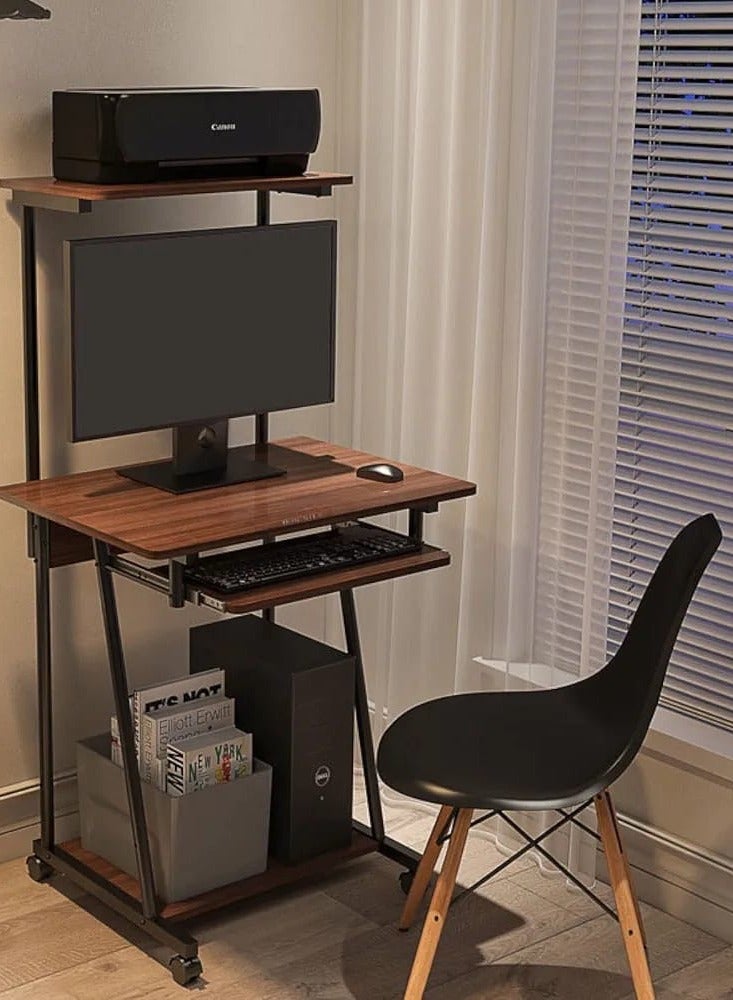 SHEE ONE Compact Brown Computer Desk with Keyboard Tray & Wheels | Small-Space Workstation with Top Shelf & Bottom Storage | Ideal for Home Offices, Bedrooms & Study Areas – Size: 126×55×60 cm - Image 3