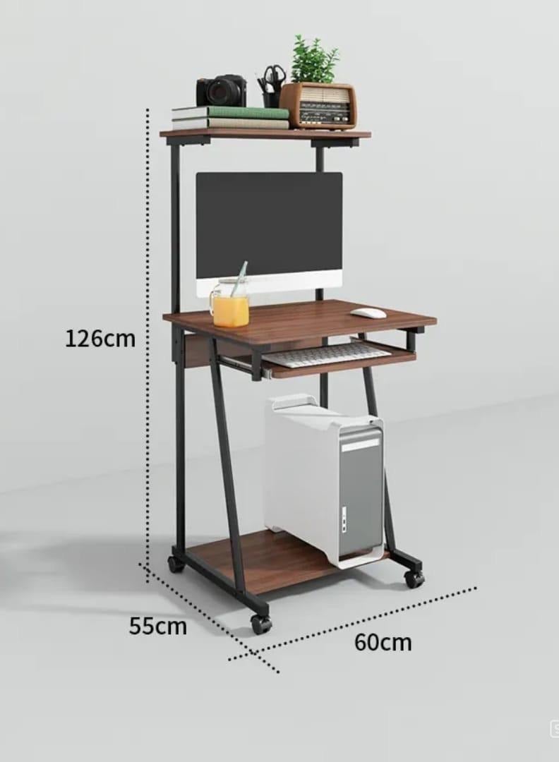 SHEE ONE Compact Brown Computer Desk with Keyboard Tray & Wheels | Small-Space Workstation with Top Shelf & Bottom Storage | Ideal for Home Offices, Bedrooms & Study Areas – Size: 126×55×60 cm - Image 5