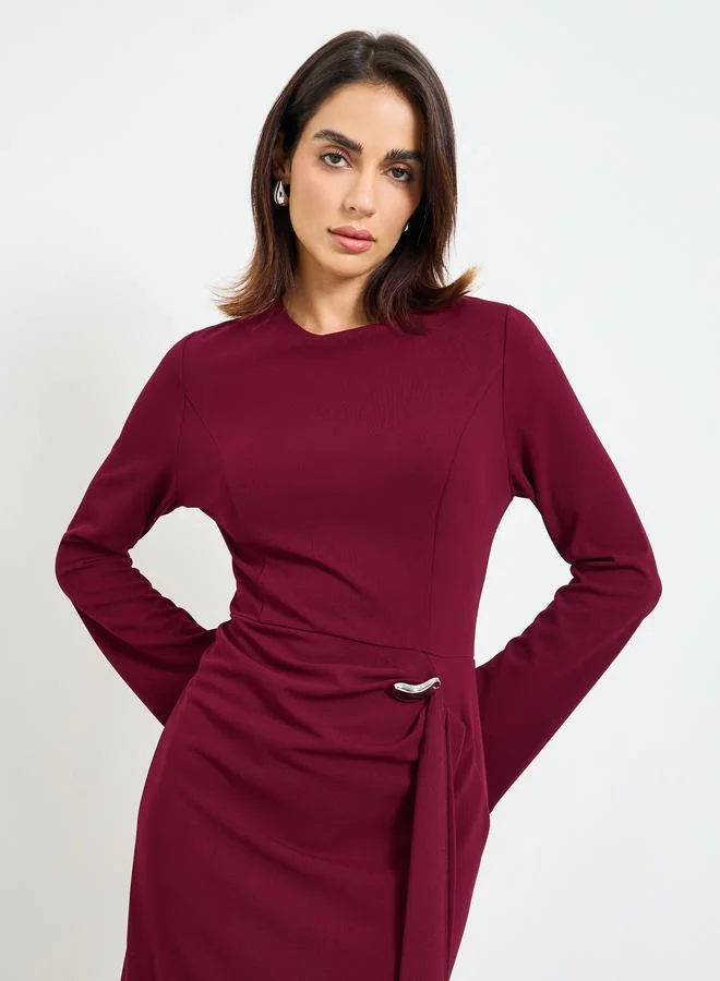 تايك تو Burgundy Solid Midi Dress with Long Sleeves and Ruffle Detail