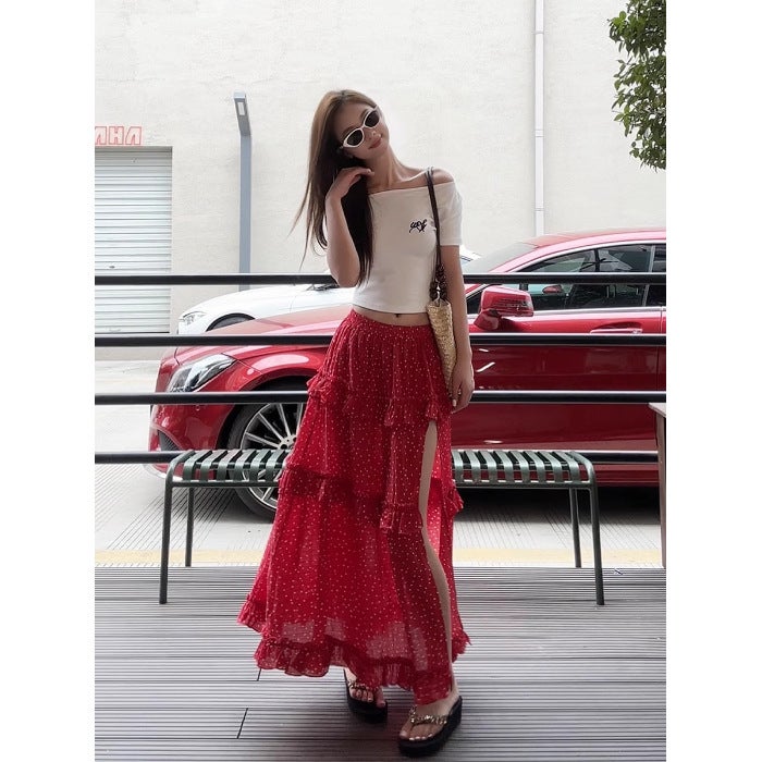 2025 Summer May Day Travel WESTAYONE Red Wave Dot Long Skirt Split Leg Dish Cake Skirt Children Slim Red